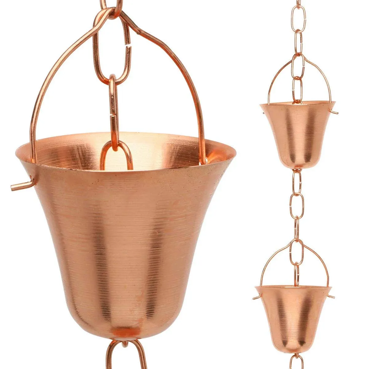 Copper Rain Chain – Decorative Chimes & Cups Replace Gutter Downspout & Divert Water Away from Home for Stunning Fountain Display – 3’ Long for Universal Fit – Bell Style