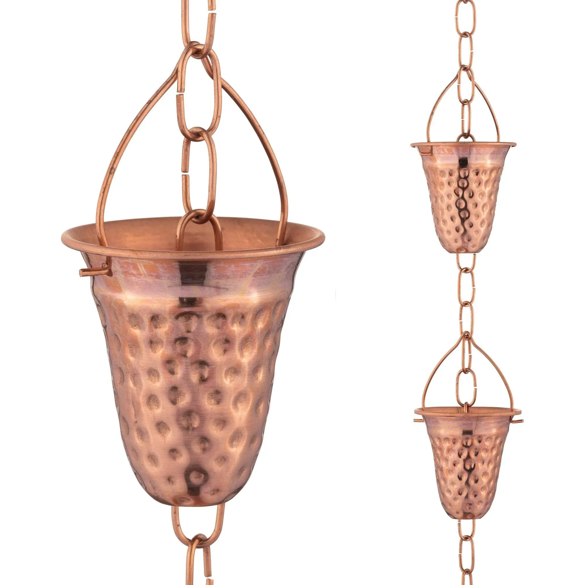 Copper Hammered Rain Chain – Decorative Chimes &amp; Cups Replace Gutter Downspout &amp;