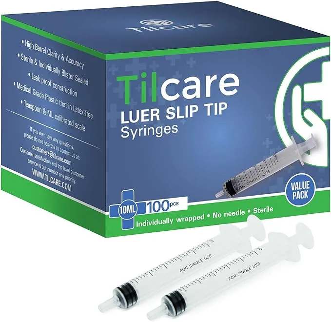 10ml Syringe Without Needle Luer Slip 100 Pack by Tilcare - Sterile Plastic Medicine Droppers for Children, Pets or Adults – Latex-Free Oral