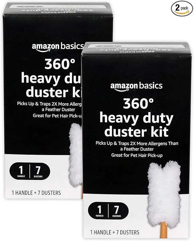 Amazon Basics 360 Heavy Duty Duster Kit, 16 Count Total, Pack of 2 (7 Dusters and 1 Handle), White