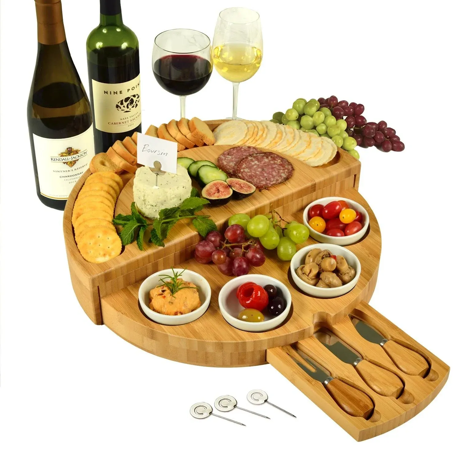 Picnic at Ascot Deluxe Bamboo Cheese/Charcuterie Board with Accessories & Cheese Markers - Innovative Patented Design - Quality Assured in The USA