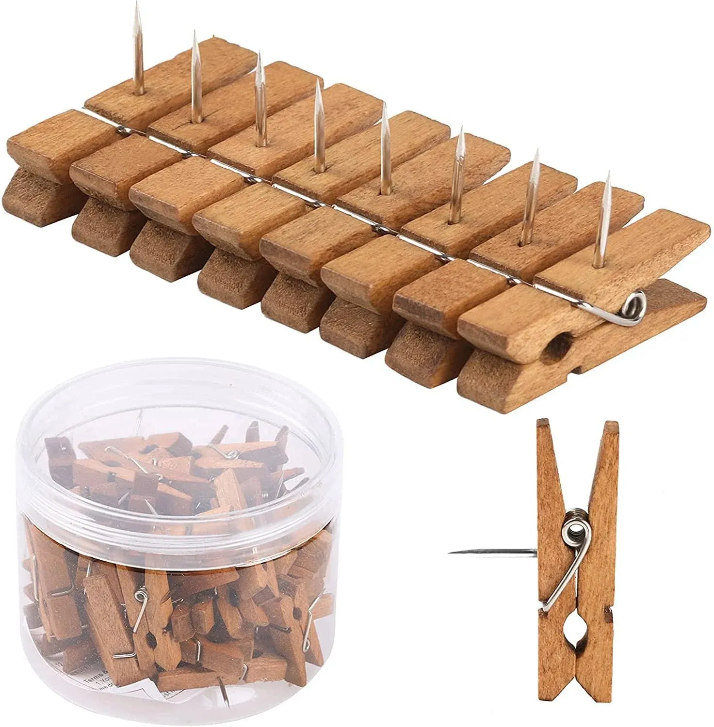 50 PCS Push Pin with Wooden Clips, Durable Wooden Push Pins, Decorative Pushpins