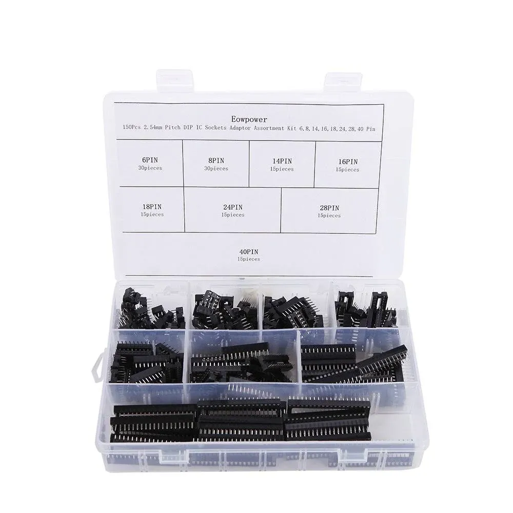 Eowpower 150 Pieces 2.54 mm Pitch DIP IC Sockets Adaptor Assortment Kit 6 8 14 16 18 24 28 40 Pin