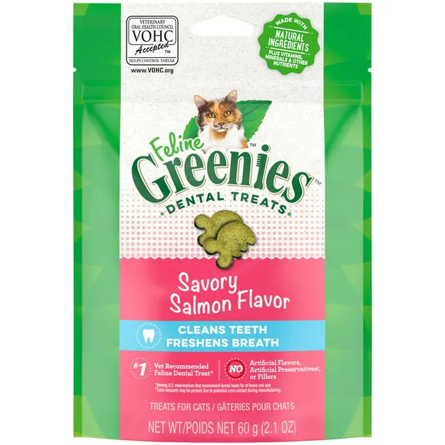 FELINE GREENIES - Golosinas dentales para gatos adultos, sabor salado a salmón, bañera de 9.75 onzas