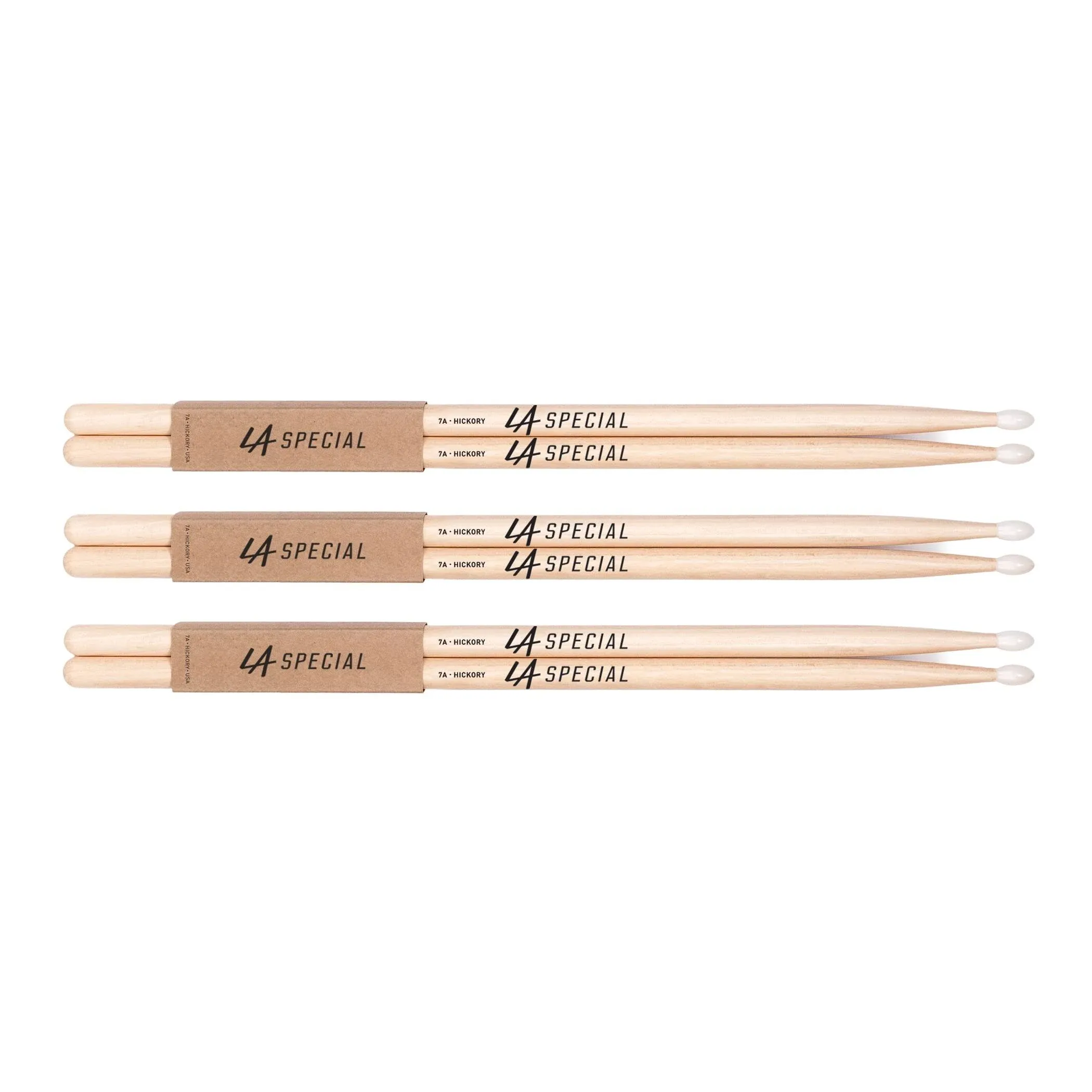 LA SPECIALS 7A Hickory Drumsticks, Oval Nylon Tip, Three Pairs