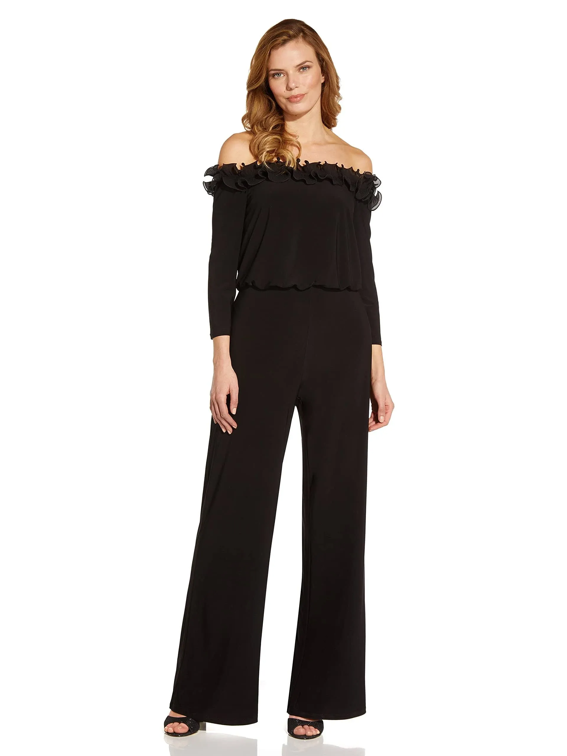 Adrianna Papell Ruffled Off-The-Shoulder Jumpsuit - Black - Size 16