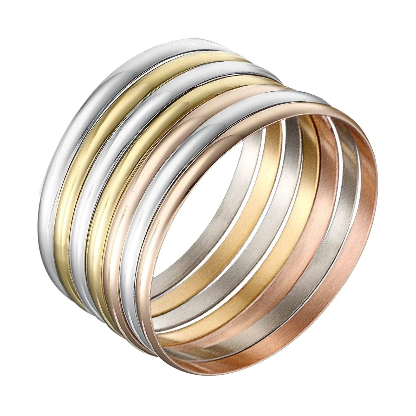 Castillna Tri-Color Silver Gold Rose Gold Bangle Bracelets for Women, Set of 7 Pieces