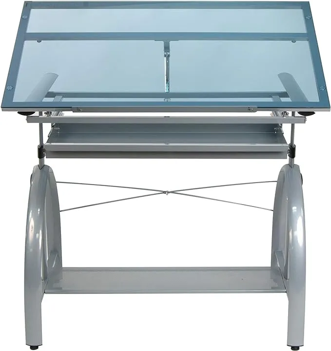 SD STUDIO DESIGNS 10060 Avanta Top Adjustable Drafting Craft Drawing Hobby Table Writing Studio Desk with Drawers, 42'' W x 24'' D, Silver/Blue Glass