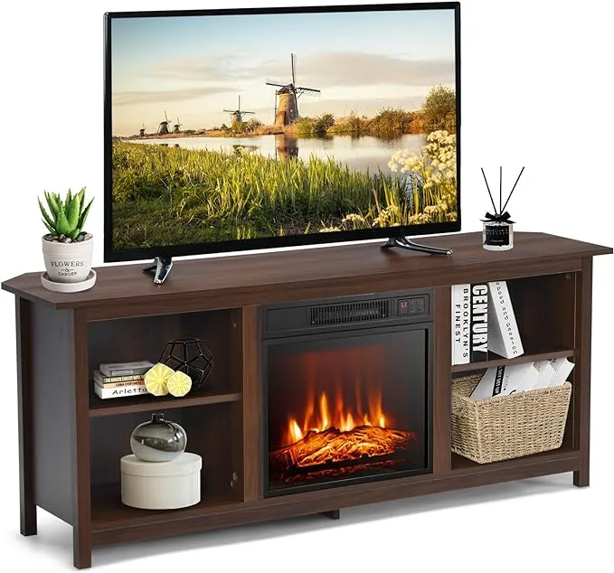 Tangkula TV Stand with Electric Fireplace, for TVs up to 65 Inches, with 18 Inches 1400W Electric Fireplace, with Remote Control, 3 Level Adjustable Flame & Timer, for Living Room, Bedroom