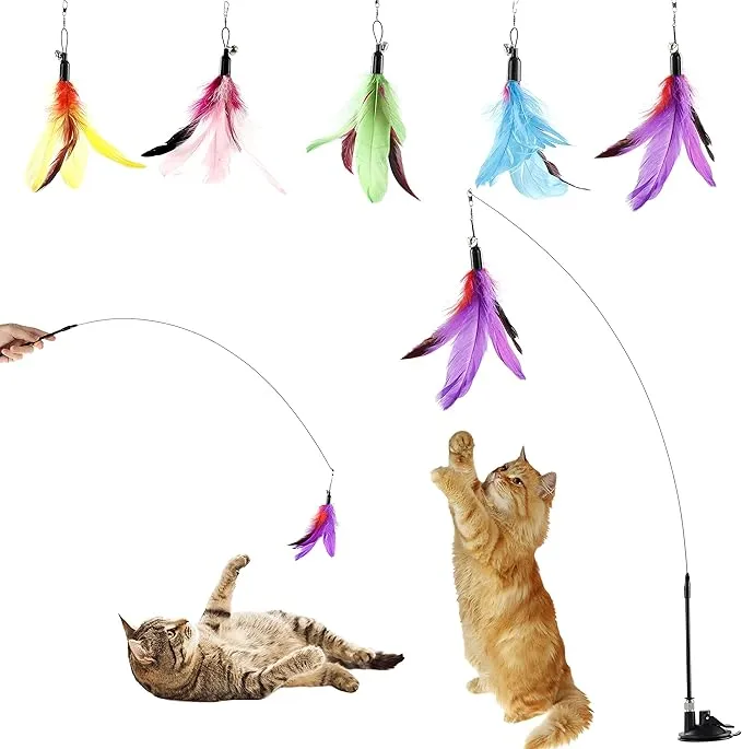 Cat Feather Toys Interactive Cats Dorakitten Cat Powerful Suction Cup Handheld Teaser Wand Toy and 5PCS Replacement Feather with Bell for Kitty