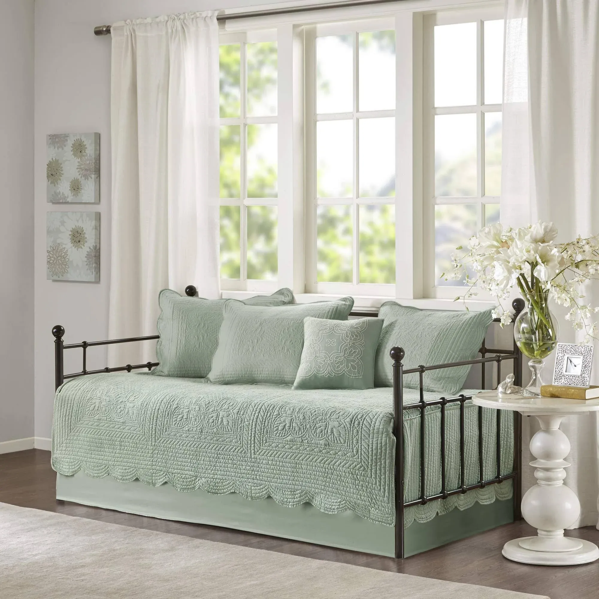 Madison Park Daybed Cover Set-Trendy Damask Quilting with Scalloped Edges All Season Luxury Bedding with Bedskirt, Matching Shams, Decorative Pillow, 75"x39", Tuscany Seafoam, 6 Piece