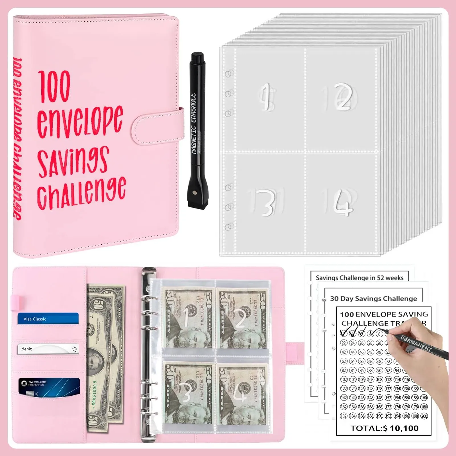 YOPCDJ 100 Envelopes Money Savings Challenges Book with Envelopes 100 Day Challenge Money Saving Budget Binder for Cash Saving