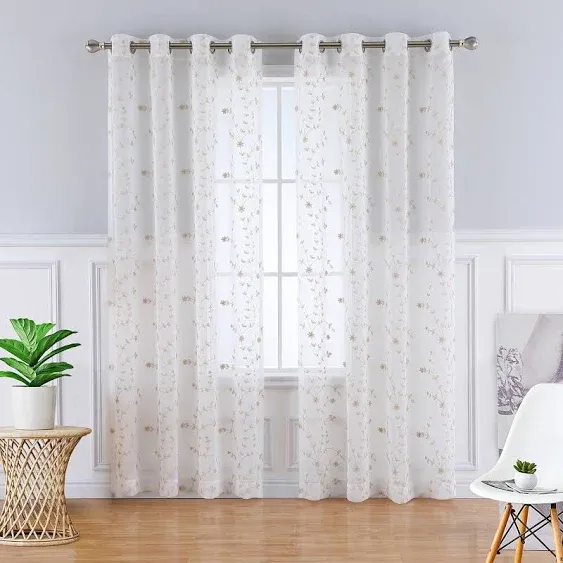 Homerry Semi Sheer Curtains 52 inchw x 54 inchl Leaf Embroidered Grommet Voile ...