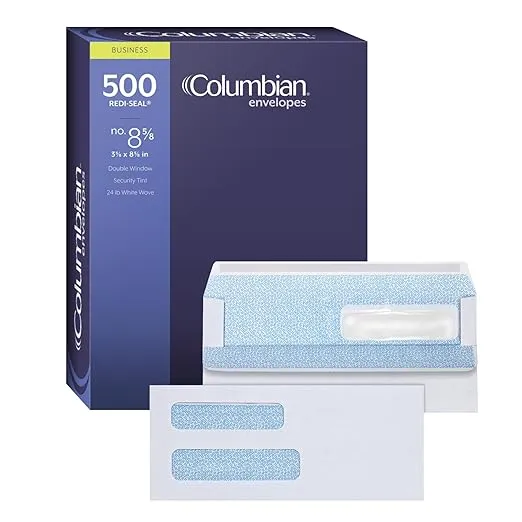 Columbian #8 5/8 Security Envelopes, 500/Box, Double Window, 3-5/8" x 8-5/8", Redi-Seal Self Seal, Invoices & QuickBooks Statements, White (COLO182)