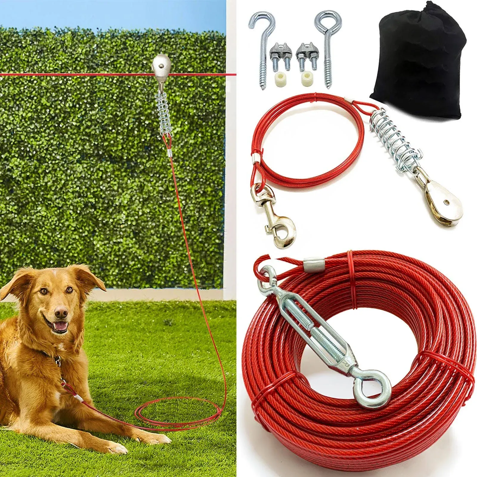 Heavy Duty Aerial Dog Tie Out Trolley System for Small to Large Dogs - Run Cable 100ft /75ft /50ft Zipline with 10ft Runner Yard Camping