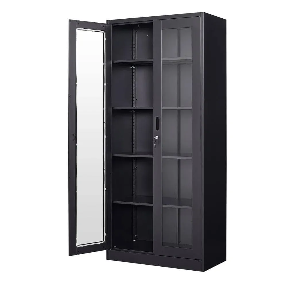 5 Tier White Metal Display Storage Cabinet with Glass Doors