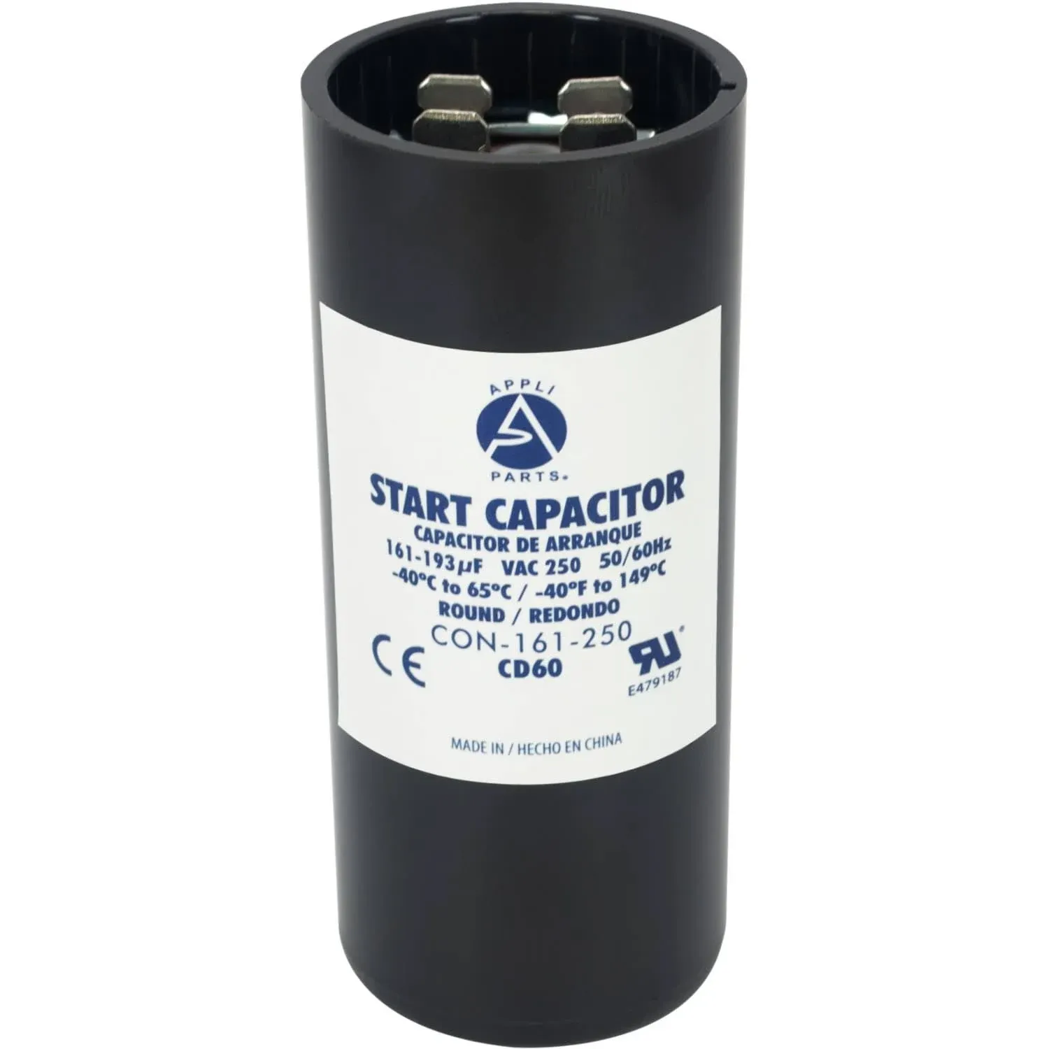 Appli Parts Motor Start Capacitor 161-193 Mfd (microfarads) uF 250 VAC Universal fit for Electric Motor Applications 1-7/16 in Wide 3-3/8 in Height CON-161-250Appli Parts Motor Start Capacitor 161-193 Mfd (mic…