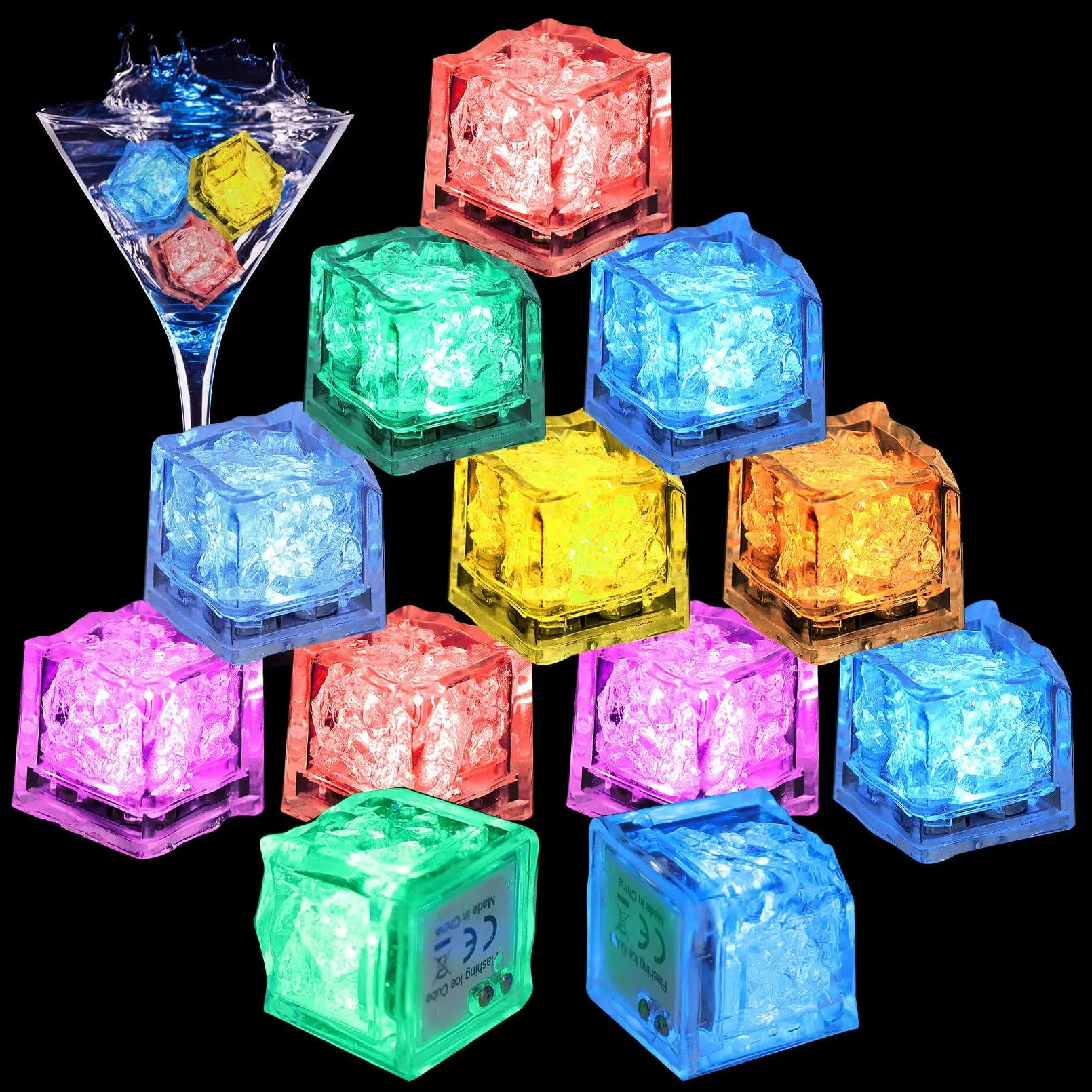 Light Up Ice Cubes,12 Pack Multi Color LED Ice Cubes for Drinks,Liquid Sensor Glowing Ice Cubes with Changing Lights,Waterproof Reusable Flashing Glow Cubes for Bar Club Party Wedding Decoration