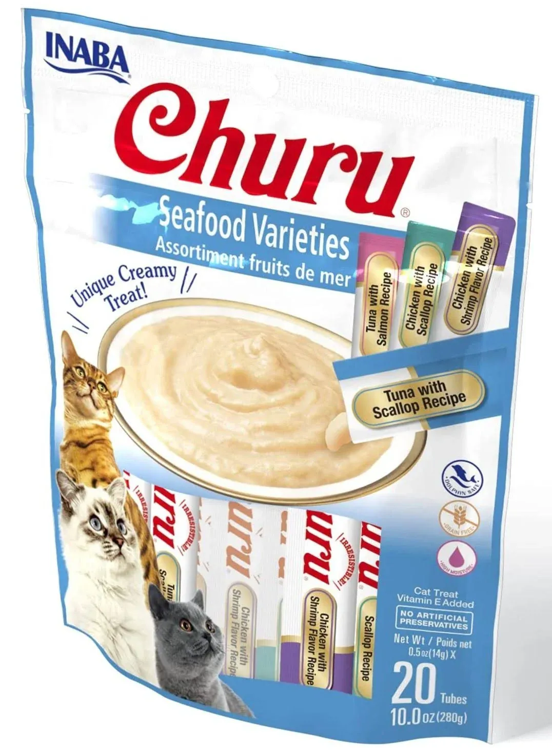 INABA Churu Cat Treats, Grain-Free, Lickable, Squeezable Creamy Purée Cat Treat/Topper with Vitamin E & Taurine, 0.5 Ounces Each Tube, 20 Tubes, Seafood Variety