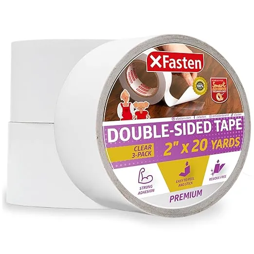 XFasten Removable Double Sided Tape Clear 2 inch x 20 Yards (Pack of 3, 180 F...