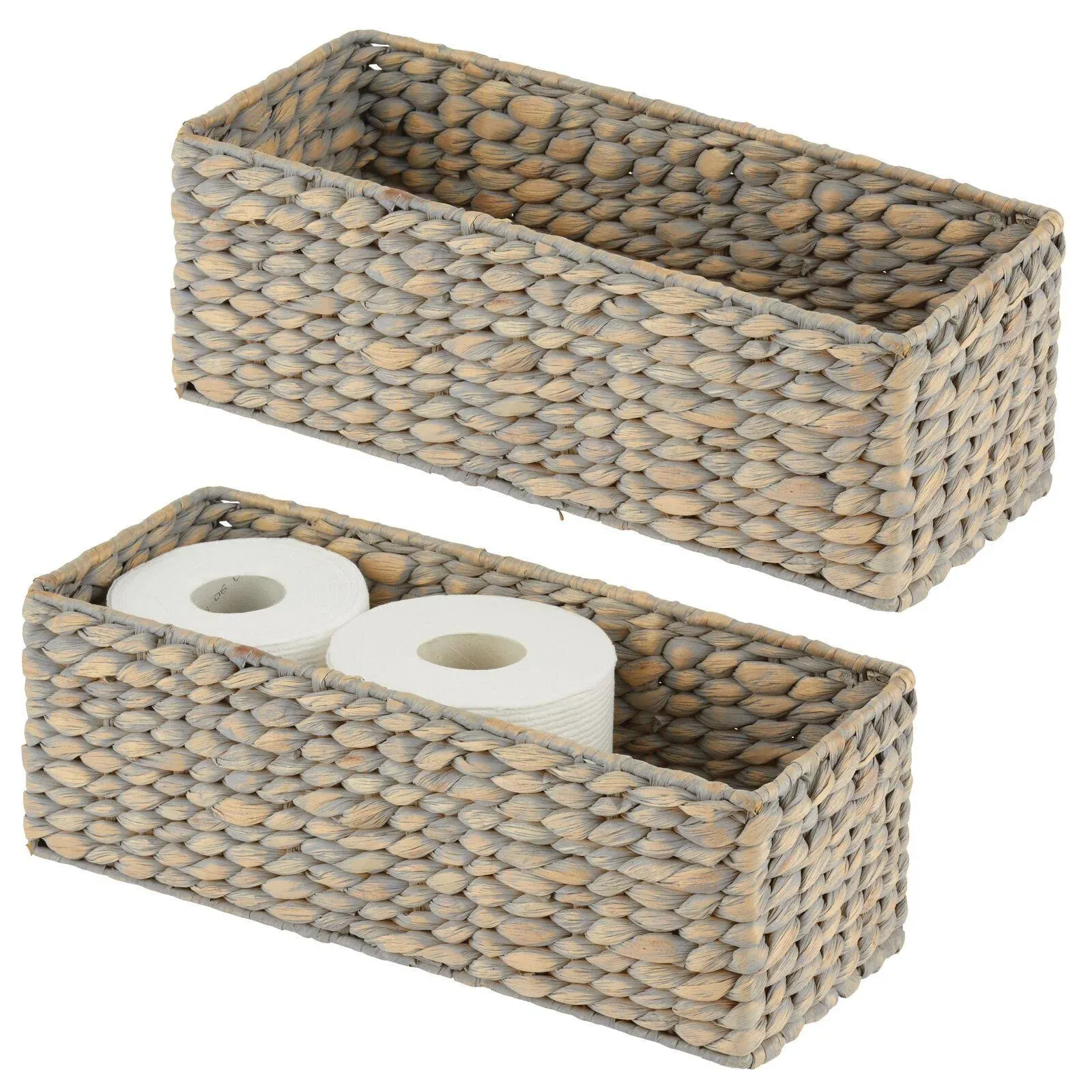 mDesign Woven Hyacinth Bathroom Toilet Tank Storage Basket Bin, 2 Pack, Gray