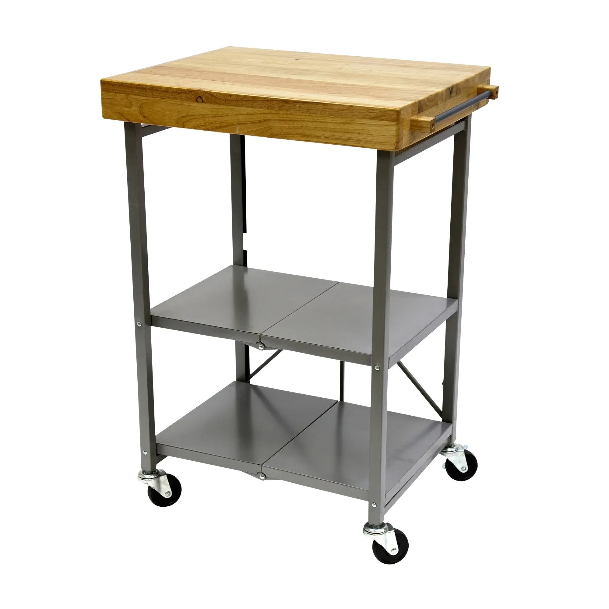 Origami Foldable Steel Kitchen Cart with Wood Butcher Block Top - Silver