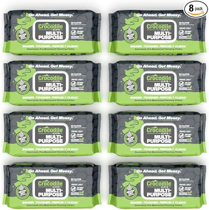 Crocodile Cloth Multi-Purpose Household Cleaning Wipes - The Stronger Easier Way To Clean Grease, Dirt, Dust, Grime, & Glue From Hands, Tables, and More - 80 Oversized, Heavy-Duty Biodegradable Wipes