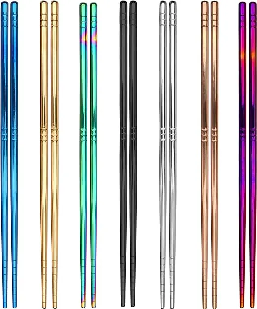 7 Pairs Metal Chopsticks, 7 Colors Reusable Stainless Steel Chopsticks, 13 Rings Pattern Non-slip Dishwasher Safe Chop Sticks, Square Lightweight Chopsticks, 8.9 Inches