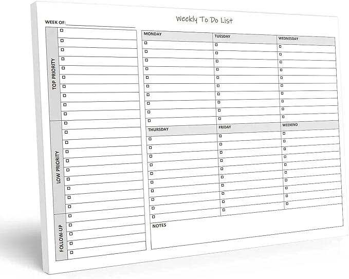 Weekly to Do List Notepad, 50 Page Task Planning Pad w/Daily Checklist, Priority Todo Checkbox & Note Sections. Desk Notebook Pad to Organize Office.