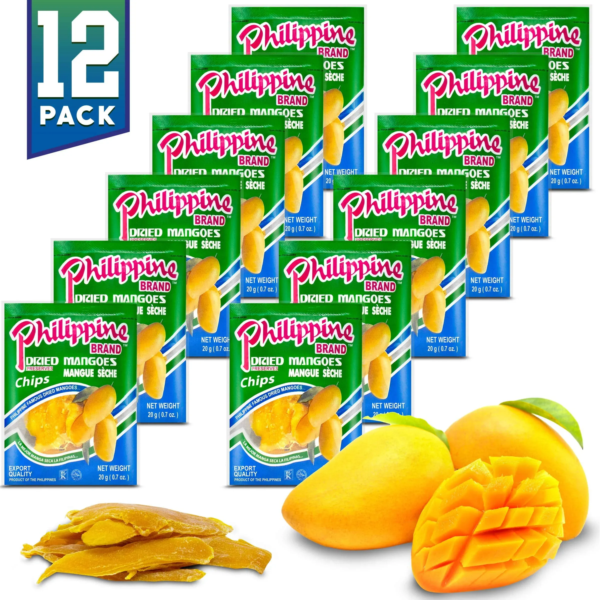 Philippine Brand Dried Mangoes Fruit Snacks {12 PACK} All Naturally Gluten Free, Vegan, Hand-Selected Delicious Fresh Mangos from Philippines, Grab and Go Perfect for Office & School Food