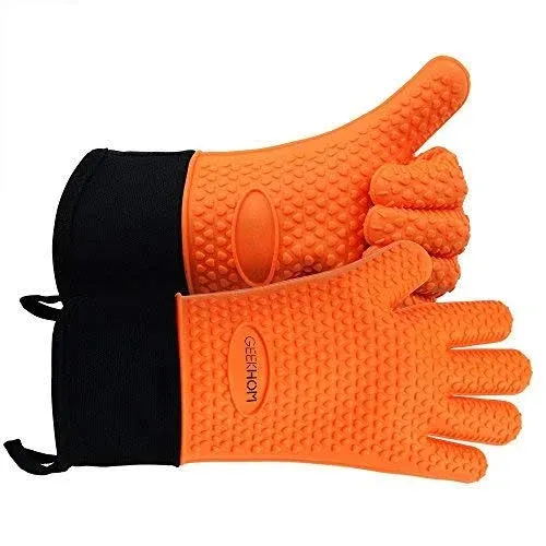 GEEKHOM Grilling Gloves, Heat Resistant Gloves BBQ Kitchen Silicone Oven Mitts, Long Waterproof Non-Slip Potholder for Barbecue, Cooking, Baking