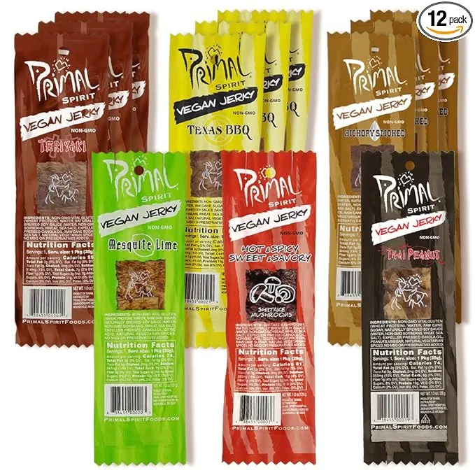 Primal Spirit Vegan Jerky - Most Popular Flavors Pack, 10 g. Plant Based Protein, ("The Classics" 3 Teriyaki, 3 Hickory Smoked, 3 Texas BBQ, 1 Thai Peanut, 1 Hot & Spicy, 1 Mesquite Lime, 12-Pack, 1 o