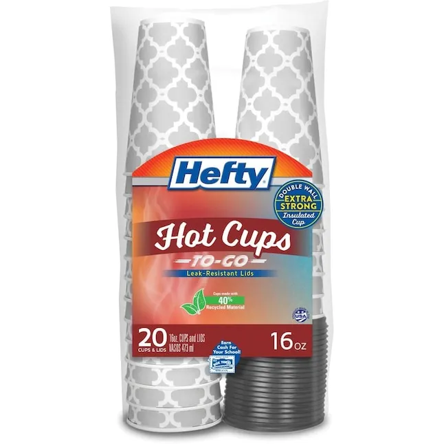 Hefty Paper Disposable Hot Cups with Lids, 16 Ounce, 20 Count