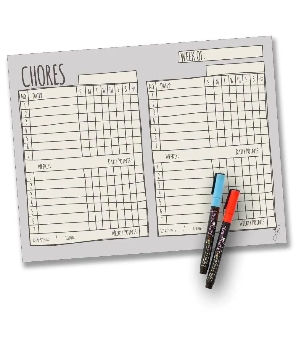 Magnetic Multiple Child Behavior Reward Chores Chart For Kids - 2 kid Dry Erase Checklist - Grey - 18&quot;x14&quot; - Two Dry Erase Markers