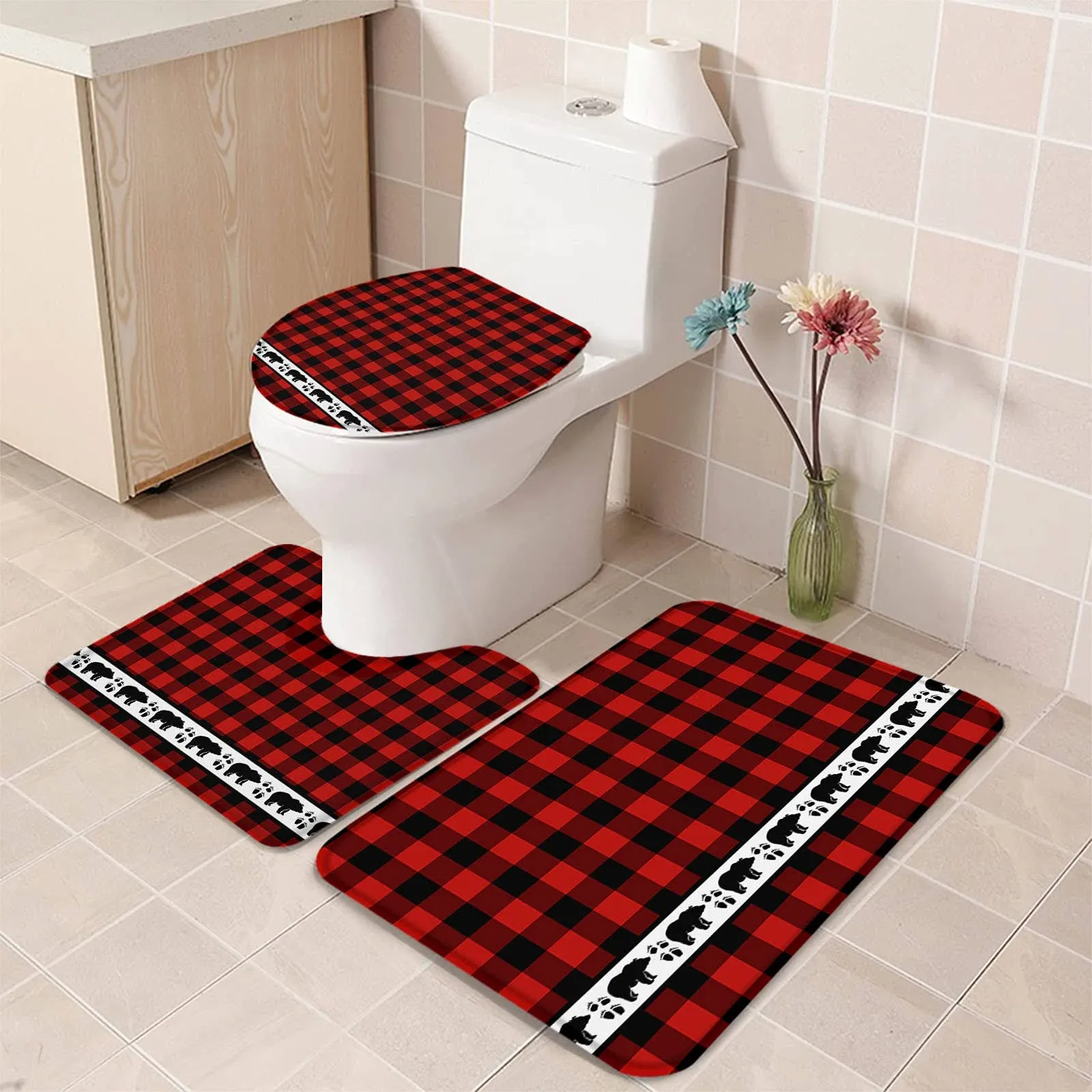 3 Pieces\xa0Christm<wbr/>as Bathroom\xa0Rugs\xa0<wbr/>And\xa0Mats\xa0Sets Farm Red And Black Buffalo Plaidn