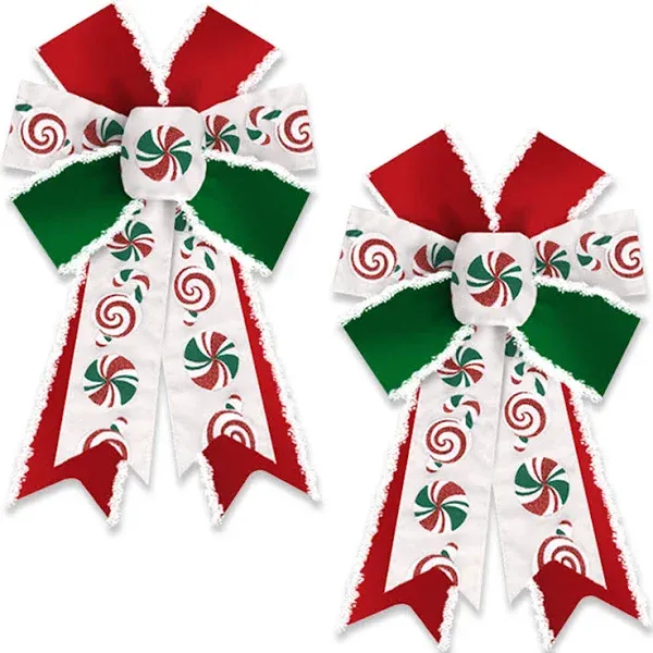 2 Pack Christmas Wreath Bows Christmas Decor Bows Green Red Candy Cane Velvet Ribbon Bows for Wreath, Xmas Tree Topper Bows for New Year Party Decoration Home Indoor Outdoor Wreath Ornament Supplies