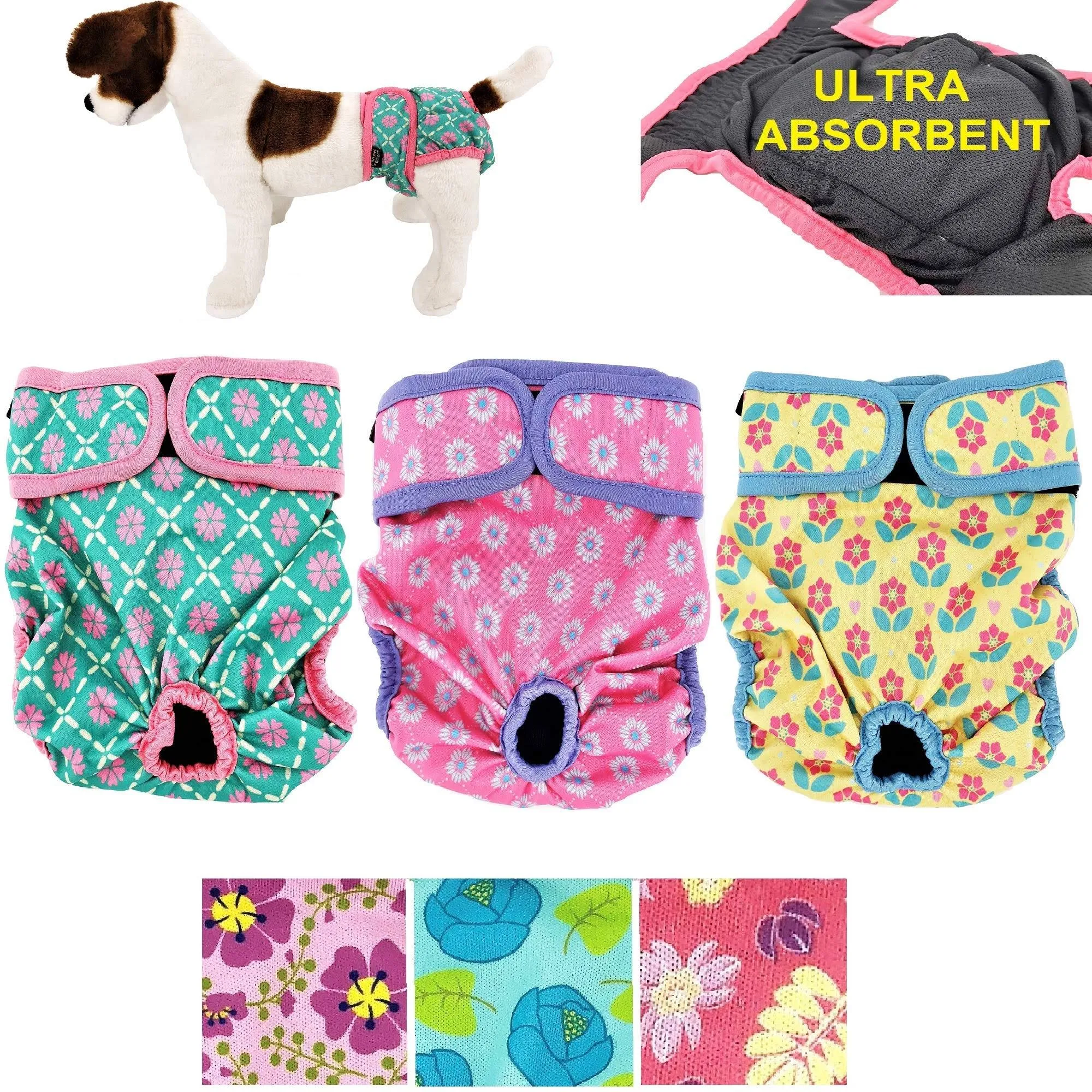 Pack of 3 Female Dog Diapers with 4 - Layers of  Assorted Colors , Sizes 