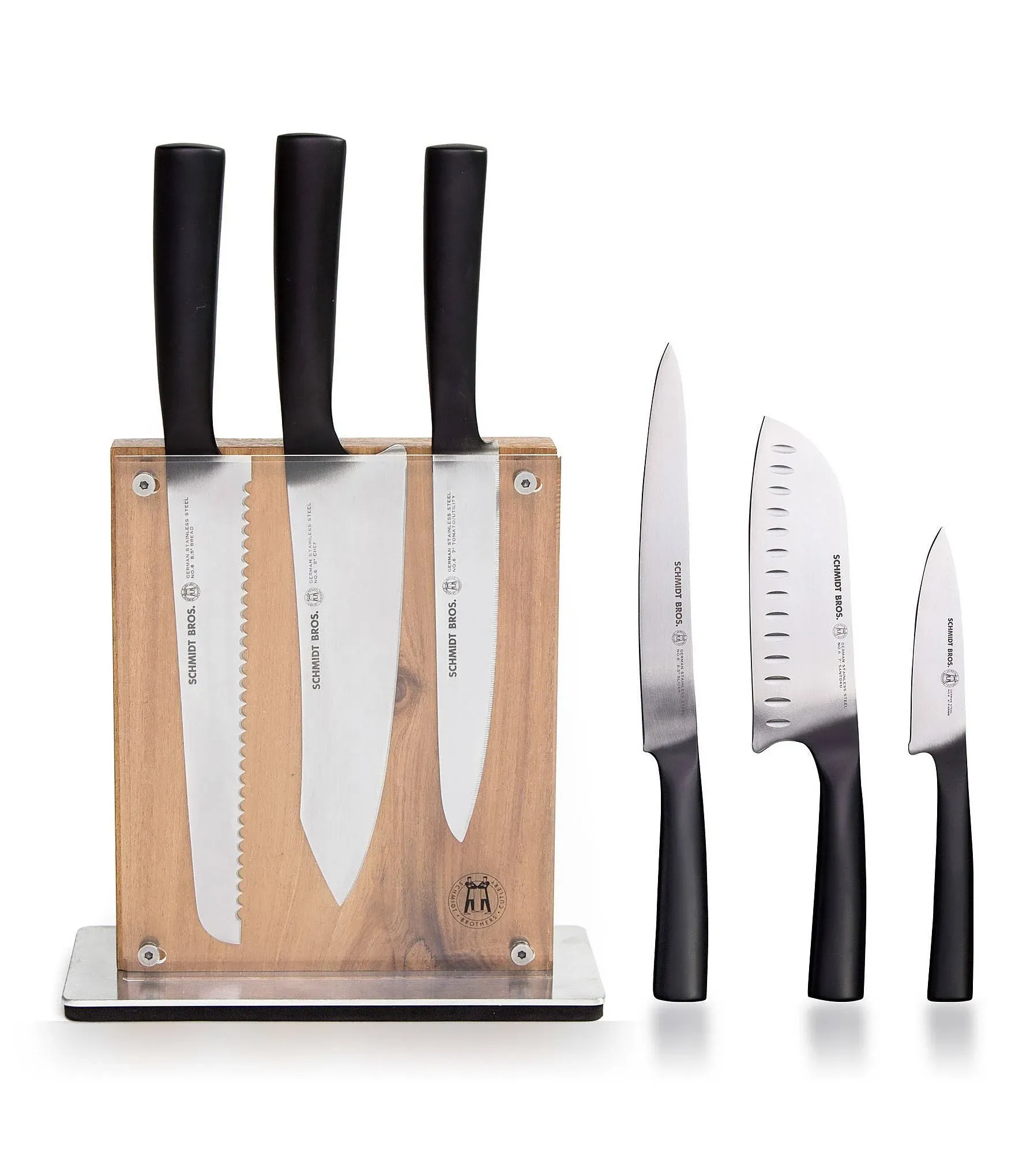 Schmidt Brothers - Carbon 6, 7-Piece Kitchen Knife Set, High-Carbon Stainless Steel Cutlery with Midtown Acacia and Acrylic Magnetic Knife Block