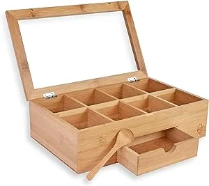 Bamboo Tea Box Organizer with 8 Compartments Drawer and Spoon - JAIG Tea Storage Chest