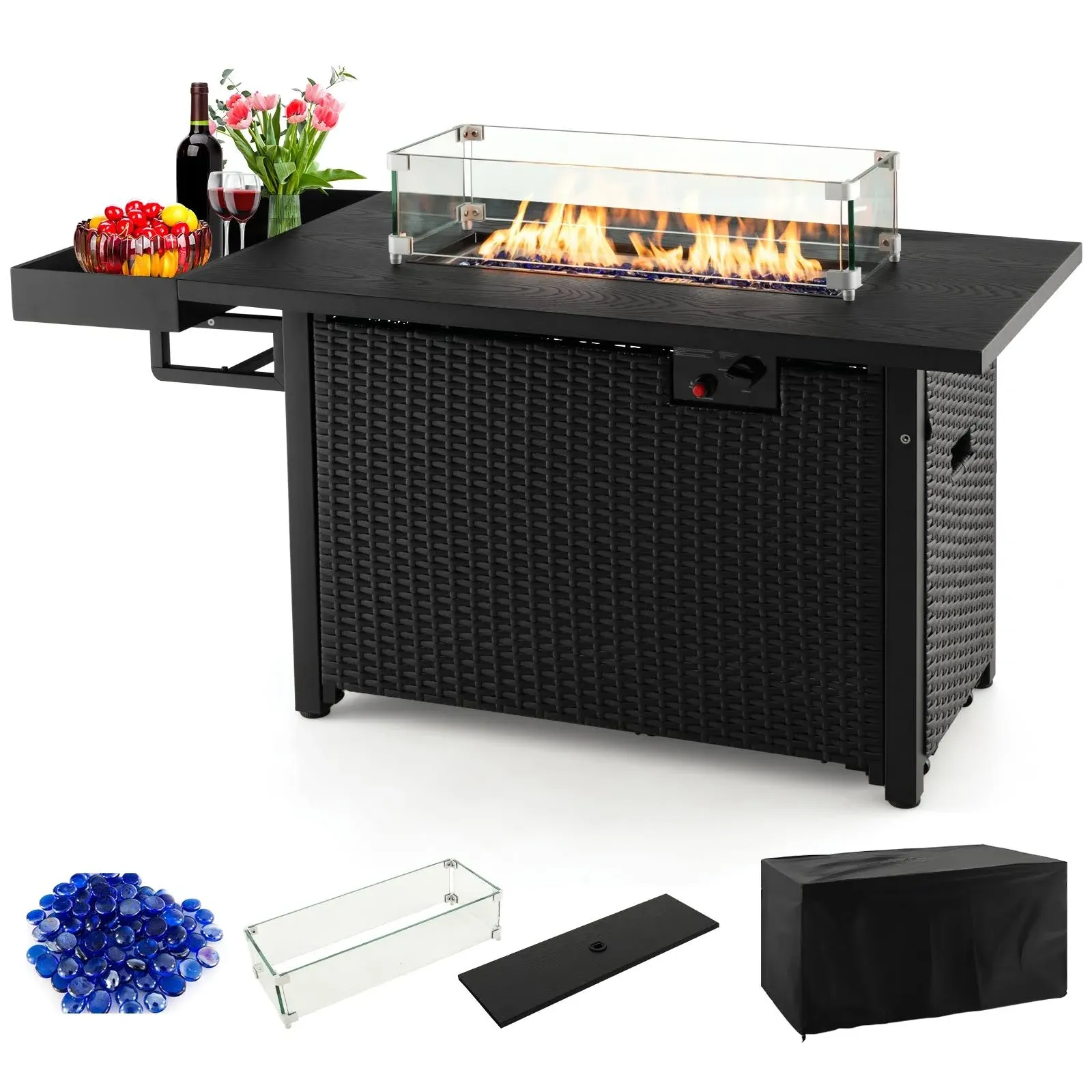 Giantex Brasero d'extérieur au propane de 132,1 cm – Table de foyer à gaz en osier de 50 000 BTU avec couvercle, housse imperméable, pare-vent en verre trempé et pierre de feu bleue, table de foyer en