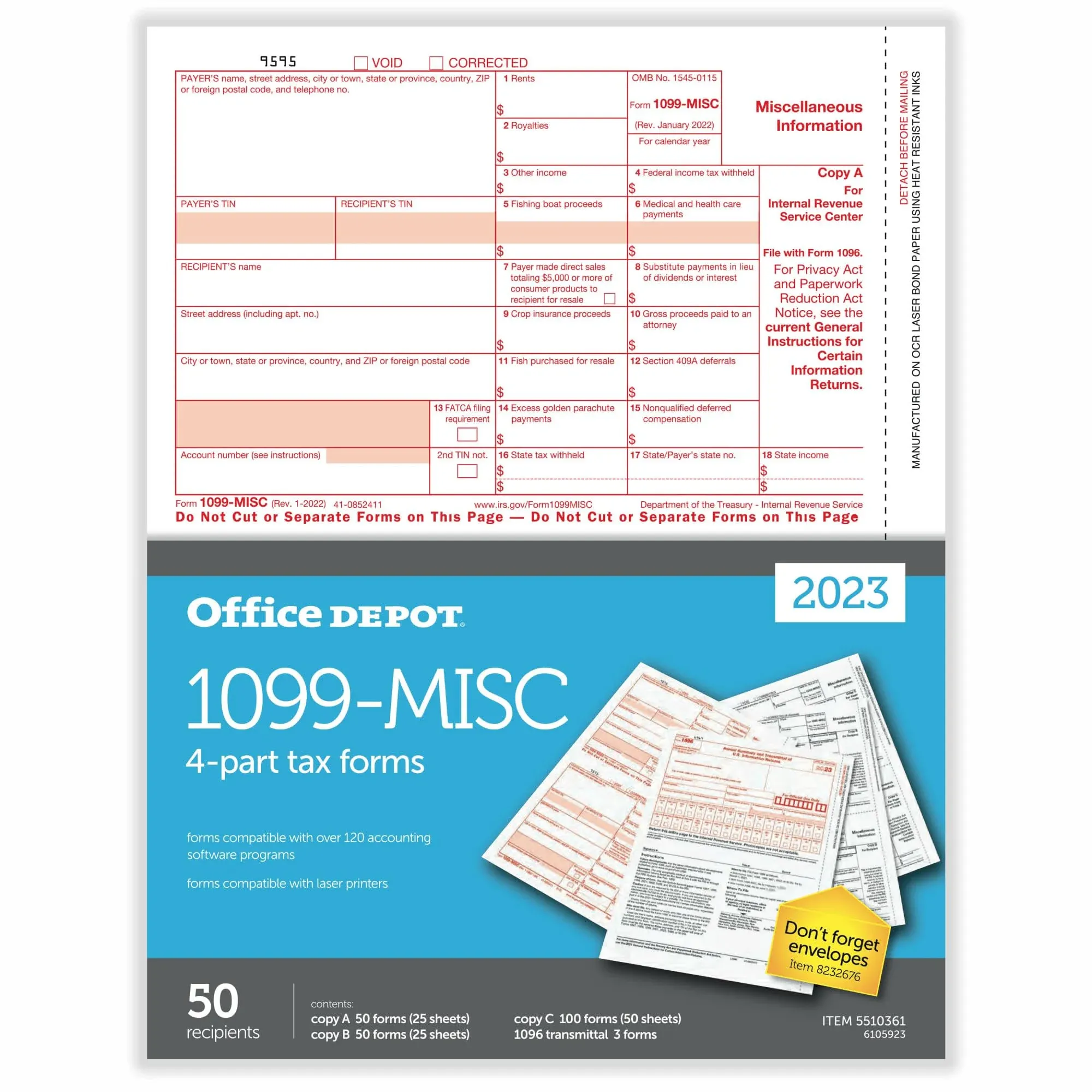 Office Depot Brand 1099-MISC Laser Tax Forms, 4-Part, 2-Up, 8-1/2&#034; x 11&#034;, 50PK