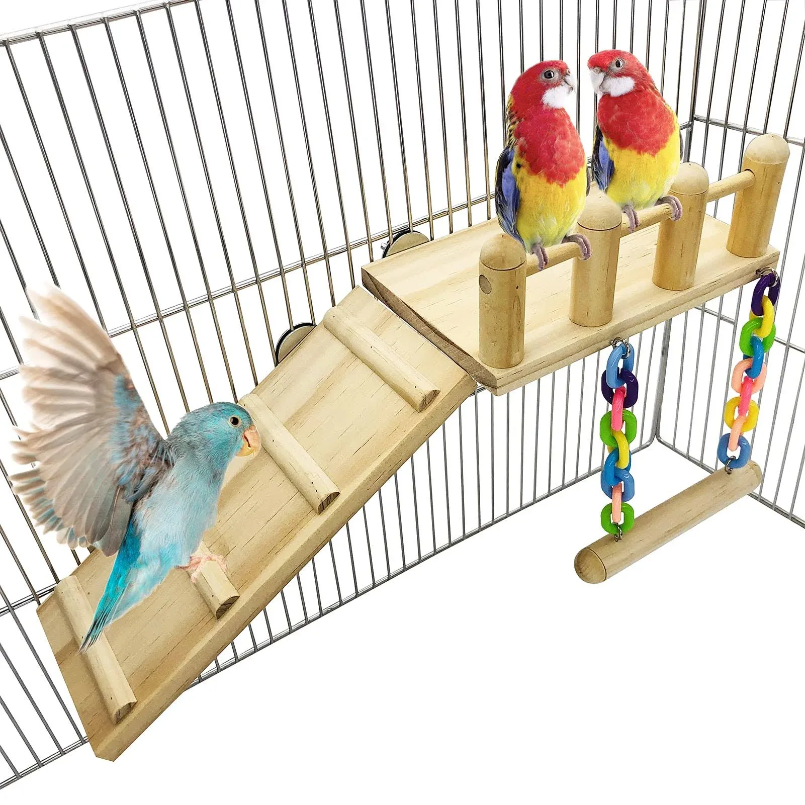 Bird Wooden Play Gyms Stands with Climbing Ladder and Acrylic Wood Swing  Green