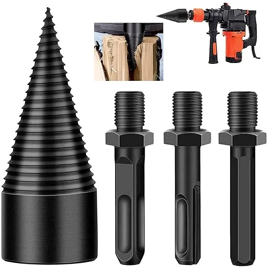 Firewood Log Splitter, 4pcs Drill Bit Removable Cones Kindling Wood Splitting Logs Bits Heavy Duty Electric Drills Screw Cone Driver Hex + Square +