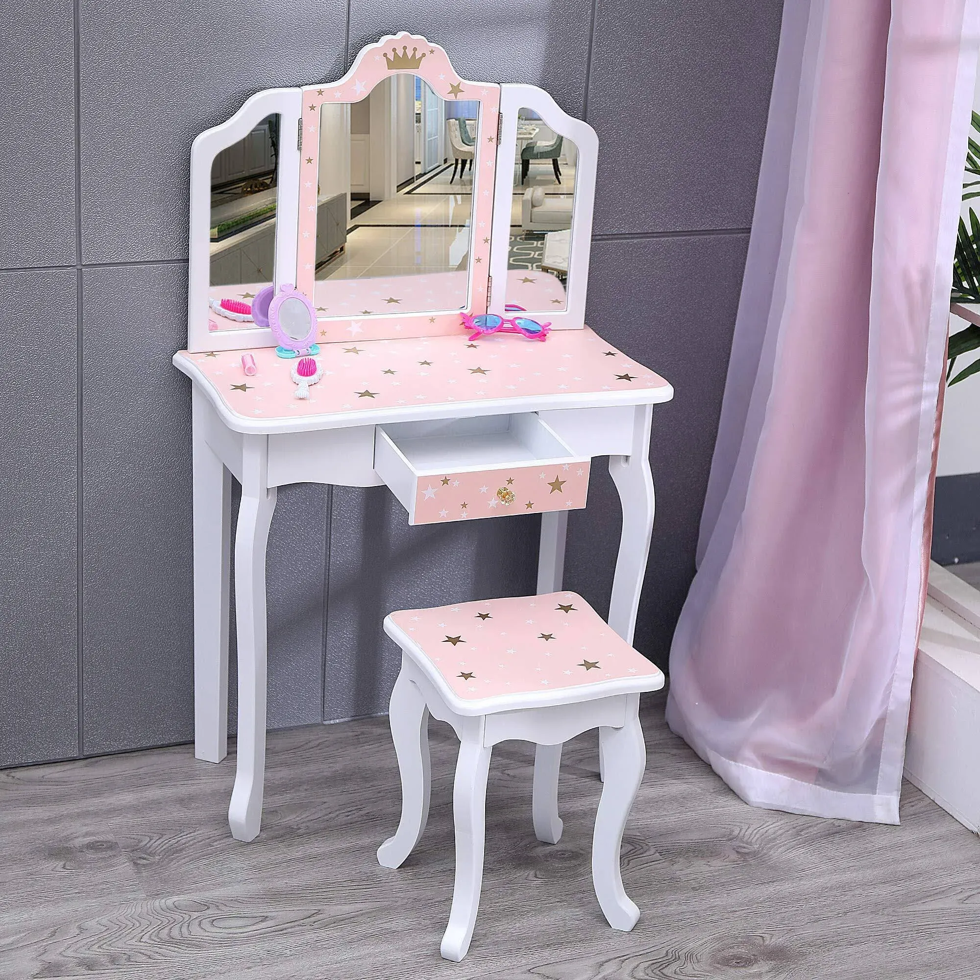 Nromant Kids Vanity Table and Chair Set, Girls Vanity Set with Mirror and Stool ...