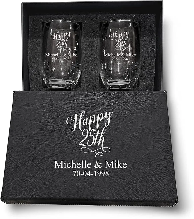 25th Anniversary Couple wine glasses,20oz Etched Stemless Wine Glasses for Couples, Perfect Engagement Wine Glasses,Bridal shower Wine Glasses, Anniversary Wine Glasses