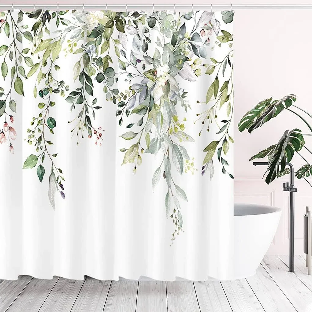 Tititex Eucalyptus Shower Curtain Sets Watercolor Leaves on The Top Plant with Floral Bathroom Decoration