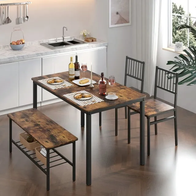 Dining Table Set, 4 Piece Dining Room Table Set for Small Spaces, Kitchen Table with 2 PU Leather Upholstered Chairs and a Long Bench, Space-Saving Table Set for Kitchen, Dining Room, Restaurant