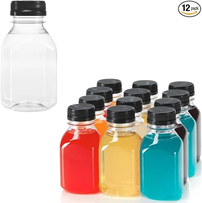 (12) 8 oz. Clear Food Grade Plastic Juice Bottles With Cap (12/pack) (Black)