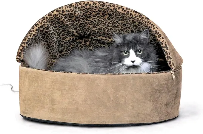 K&H Pet Products Thermo-Kitty Deluxe Hooded Cat Bed Large 20' 4W Tan Leopard, Tan ...