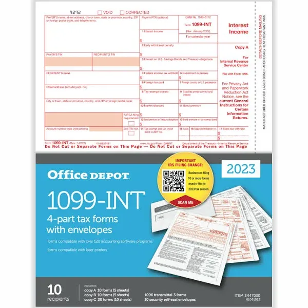 Office Depot&reg; Brand 1099-INT Laser Tax Forms And Envelopes, 4-Part, 2-Up, 8-1/2&quot; x 11&quot;, Pack Of 10 Form Sets